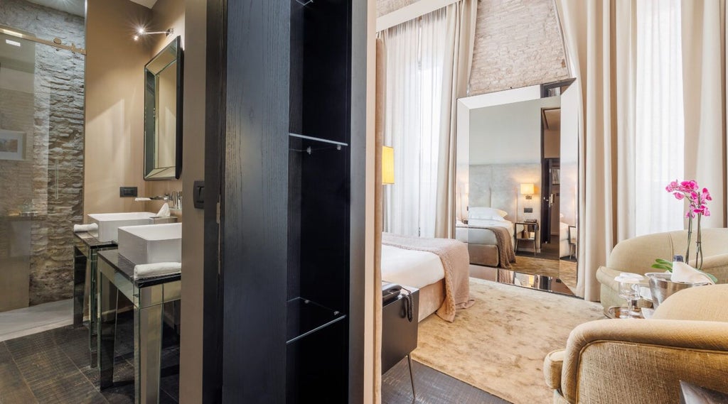 Elegant triple junior suite at D.O.M Hotel in Italy, featuring sophisticated modern decor, plush bedding, and warm neutral color palette with luxurious architectural details