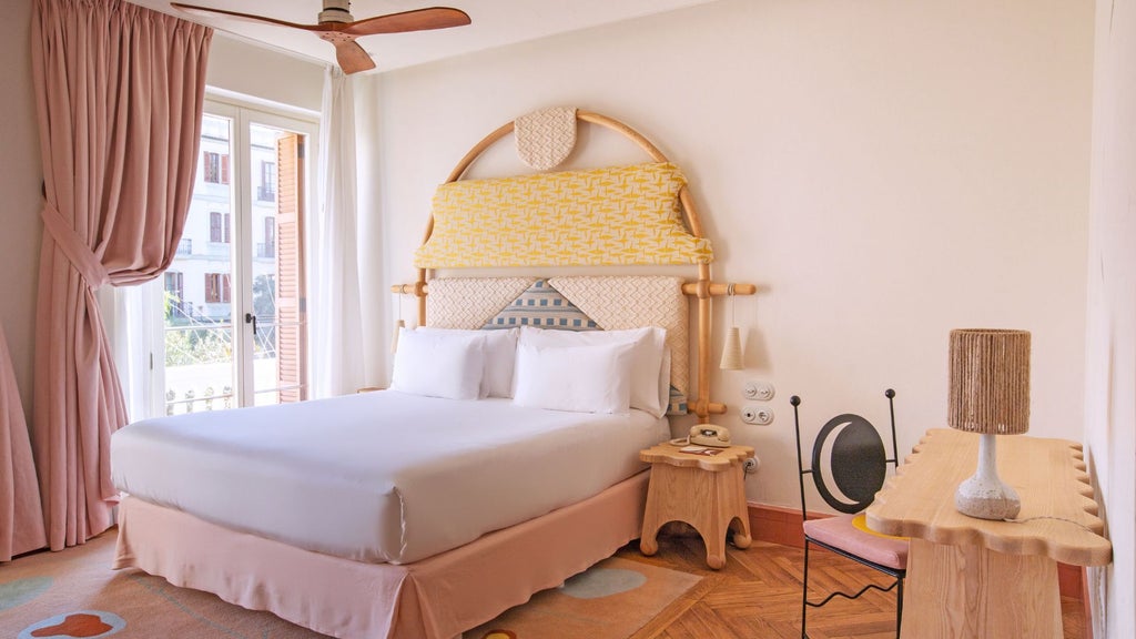 Minimalist white hotel room with clean lines, modern furnishings, large window overlooking Ibiza's historic Vara de Rey street, natural light streaming in