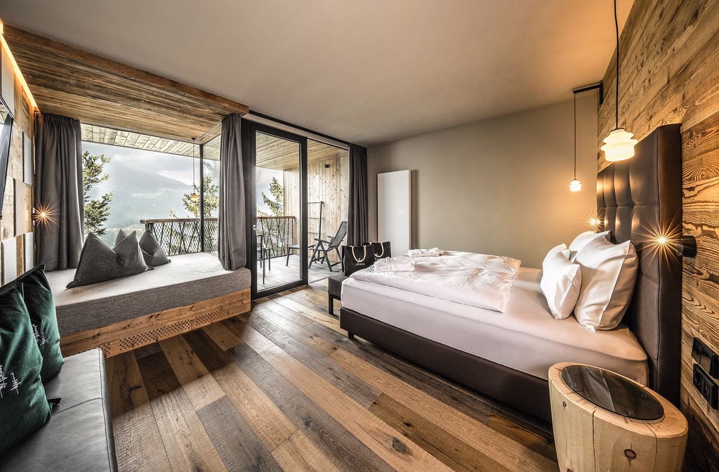 Luxurious wood-paneled Nest Suite with floor-to-ceiling windows overlooking lush forest, minimalist design, and elegant modern furnishings in Italian alpine retreat