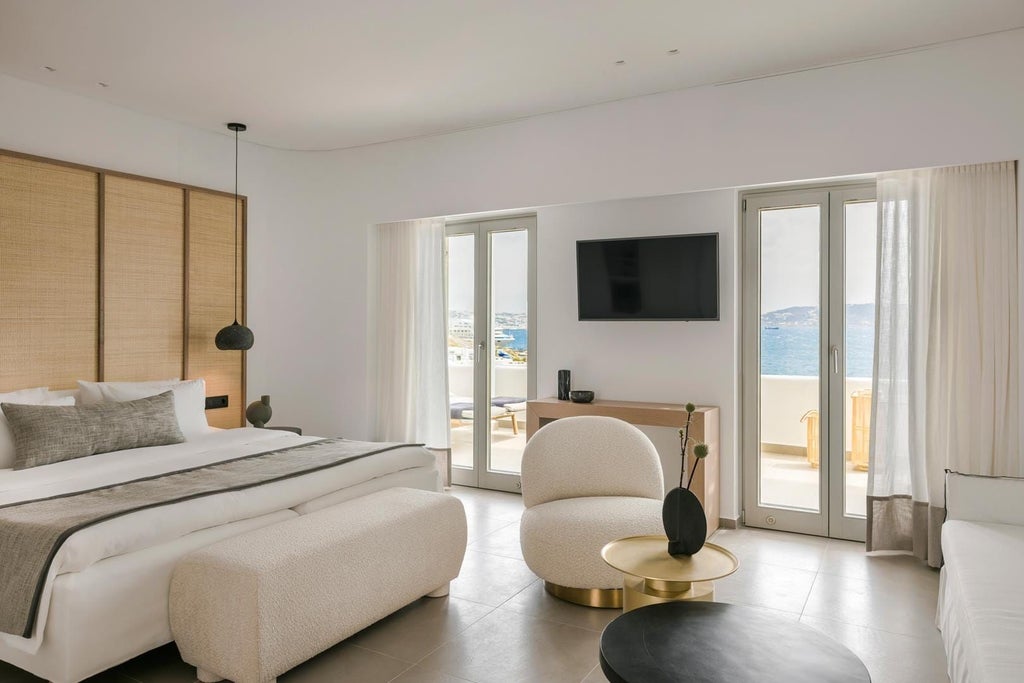 Minimalist luxury suite with private plunge pool overlooking azure Aegean Sea, white-washed Cycladic architecture, and scenic Mykonos coastline at sunset