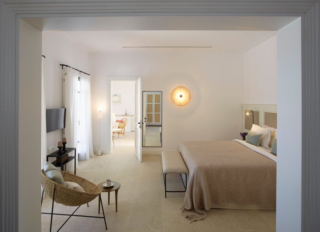 Luxurious two-bedroom villa at Bonzoe Mykonos, featuring private heated pools with stunning panoramic sea views over the Aegean landscape