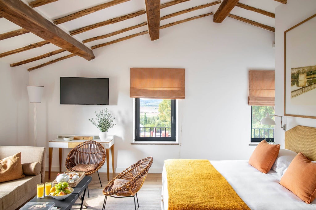 Elegant rustic-chic junior suite at Locanda Rossa, featuring warm terracotta tones, wooden furnishings, and soft natural light in Tuscany, Italy.