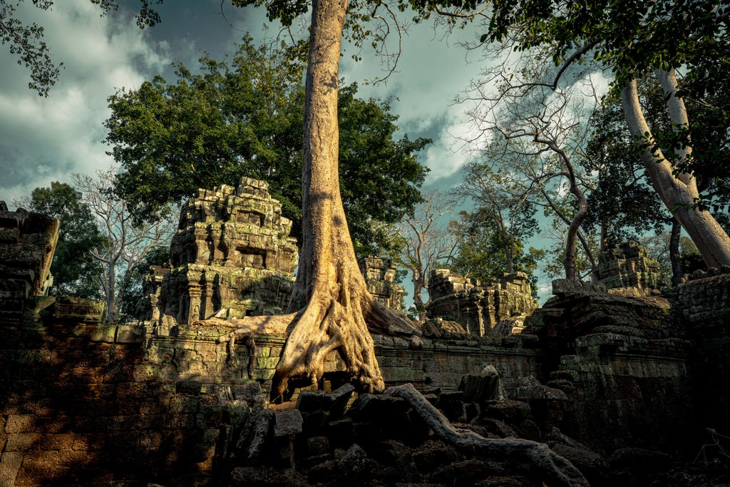 Ancient Angkor Wat stone temple surrounded by lush green forest, intricate carved details glowing in soft golden sunlight, misty Cambodian landscape