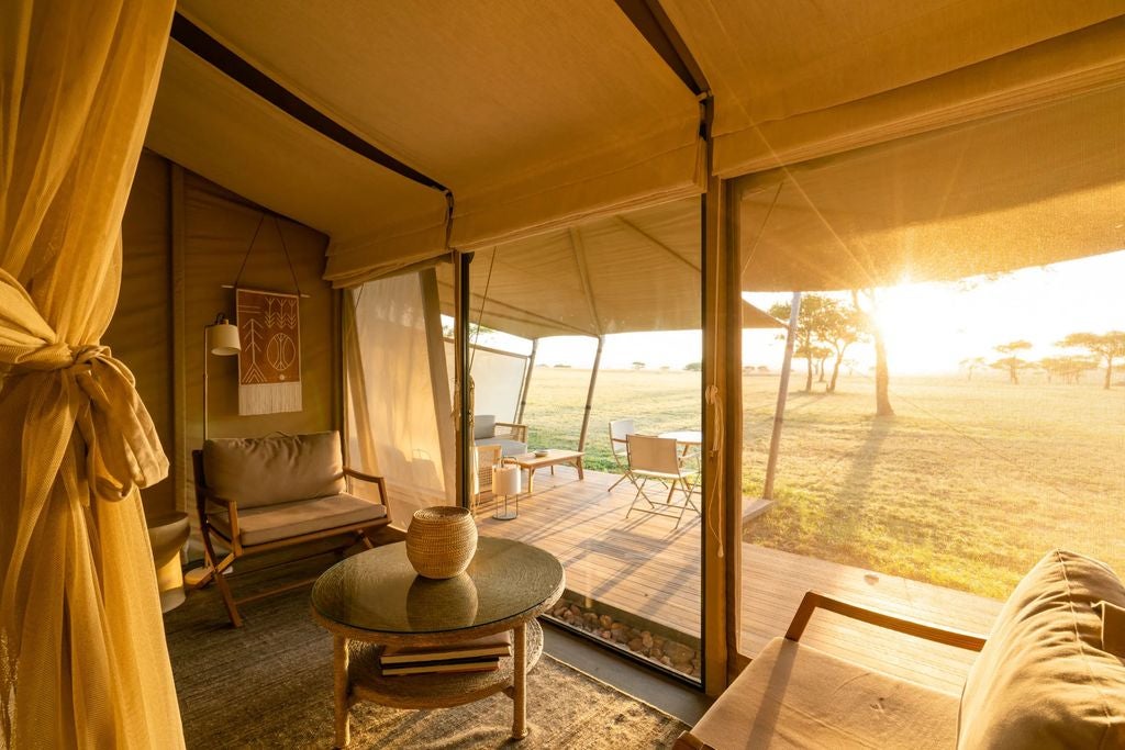 Luxurious safari tent suite at Sabora Camp with canvas walls, antique furnishings, and sweeping views of the Serengeti plains.