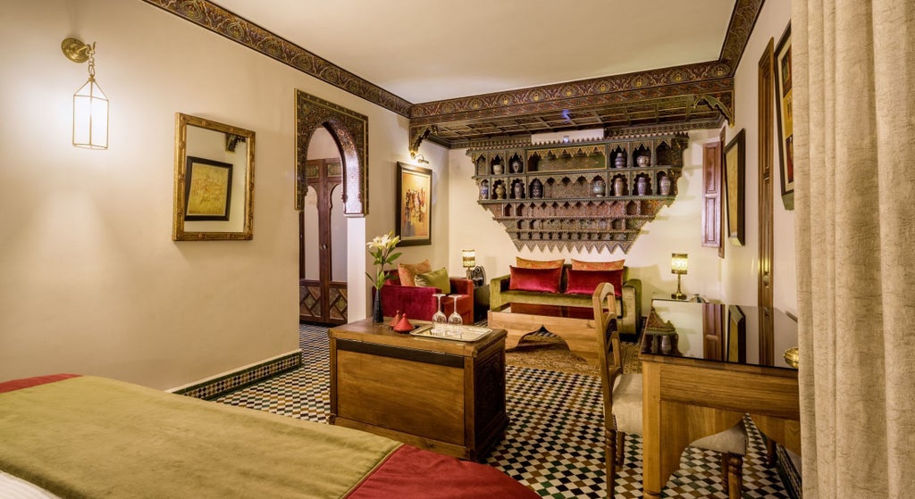 Elegant Moroccan deluxe hotel room with intricate blue tilework, ornate arched windows, and traditional carved wooden furnishings in soft neutral tones