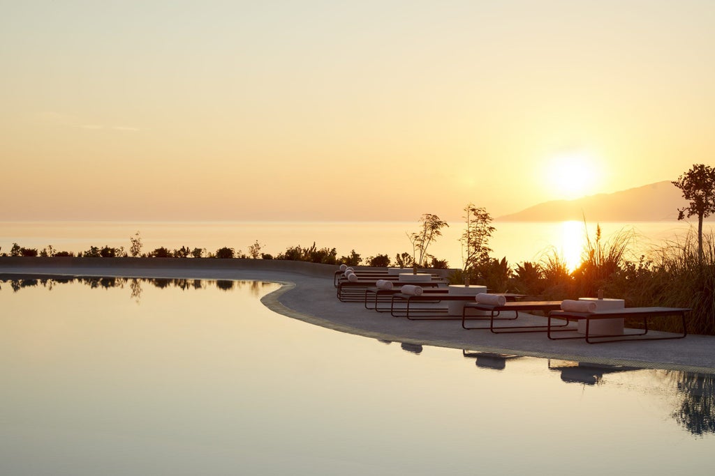 Contemporary white stone hotel with infinity pool overlooking the Aegean Sea at sunset, cascading terraces and private balconies