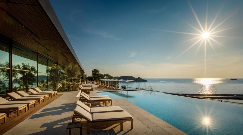 Modern luxury hotel with sleek curved facade overlooking Adriatic Sea, surrounded by pine forest and featuring waterfront infinity pool