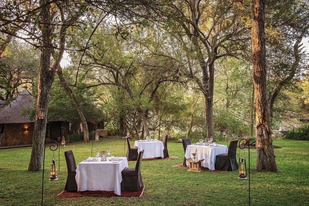 Elegant safari lodge with thatched roof overlooking private deck and infinity pool surrounded by wild African bushveld at sunset