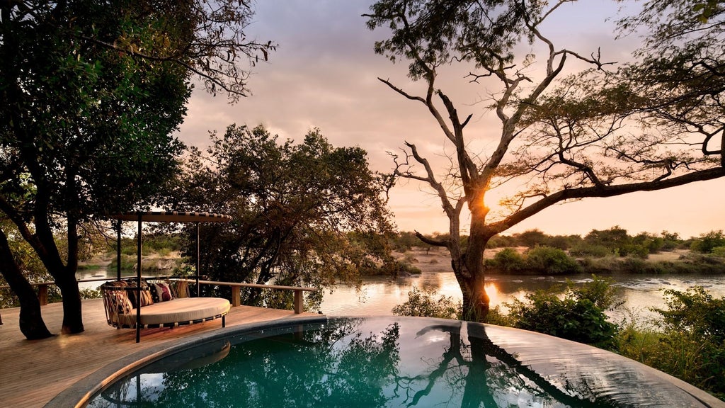 Modern safari lodge with infinity pool overlooking Serengeti plains, featuring contemporary pavilion-style architecture and swaying palm trees