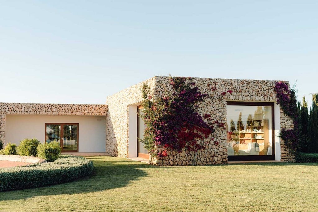 Elegant whitewashed Mediterranean villa nestled in Menorca's countryside, with pristine stone walls, terracotta roof, and lush surrounding landscape