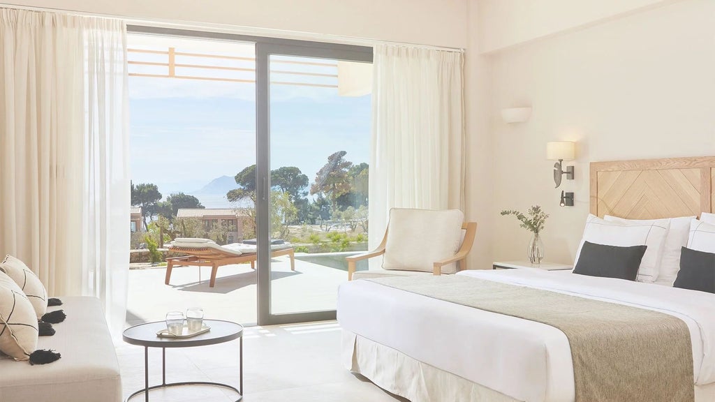 Luxurious interconnected suite with private pool overlooking azure Aegean waters, featuring modern Greek design and elegant minimalist furnishings at ELIVI Skiathos resort