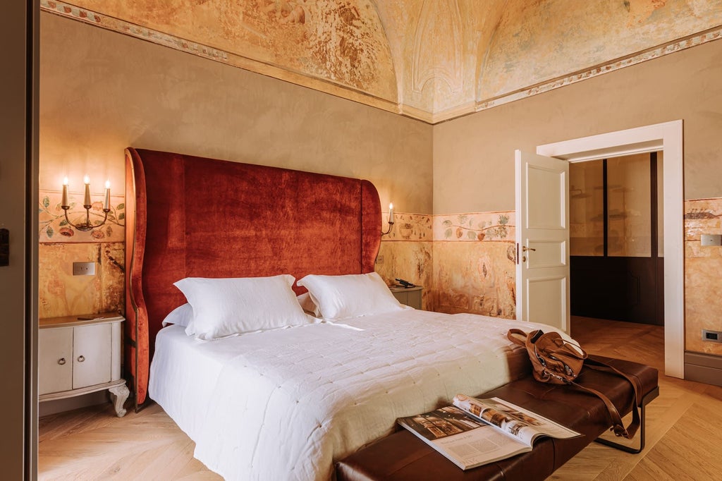 Elegant superior suite with vintage-inspired decor, soft neutral tones, plush bed, antique furniture, and large windows overlooking an Italian landscape