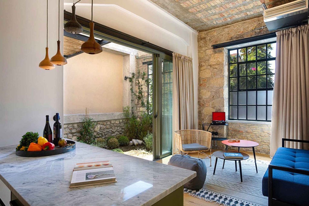 Elegant white-stone building with arched windows nestled in Greek hillside, featuring private balconies and Mediterranean landscaping