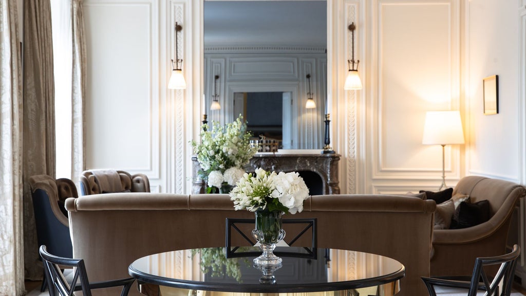 Opulent Parisian suite with cream-toned decor, ornate gold-framed mirrors, plush king bed, and expansive city view from large windows