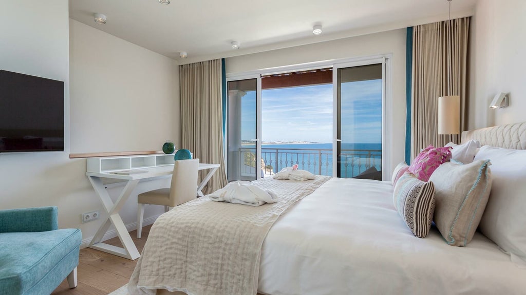 Spacious, elegant townhouse suite at Vila Vita Parc Resort & Spa with modern Portuguese decor, plush white bedding, and panoramic ocean view windows