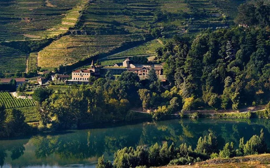 Modern luxury hotel nestled in Portugal's Douro Valley vineyards, featuring infinity pool overlooking terraced hillsides at sunset