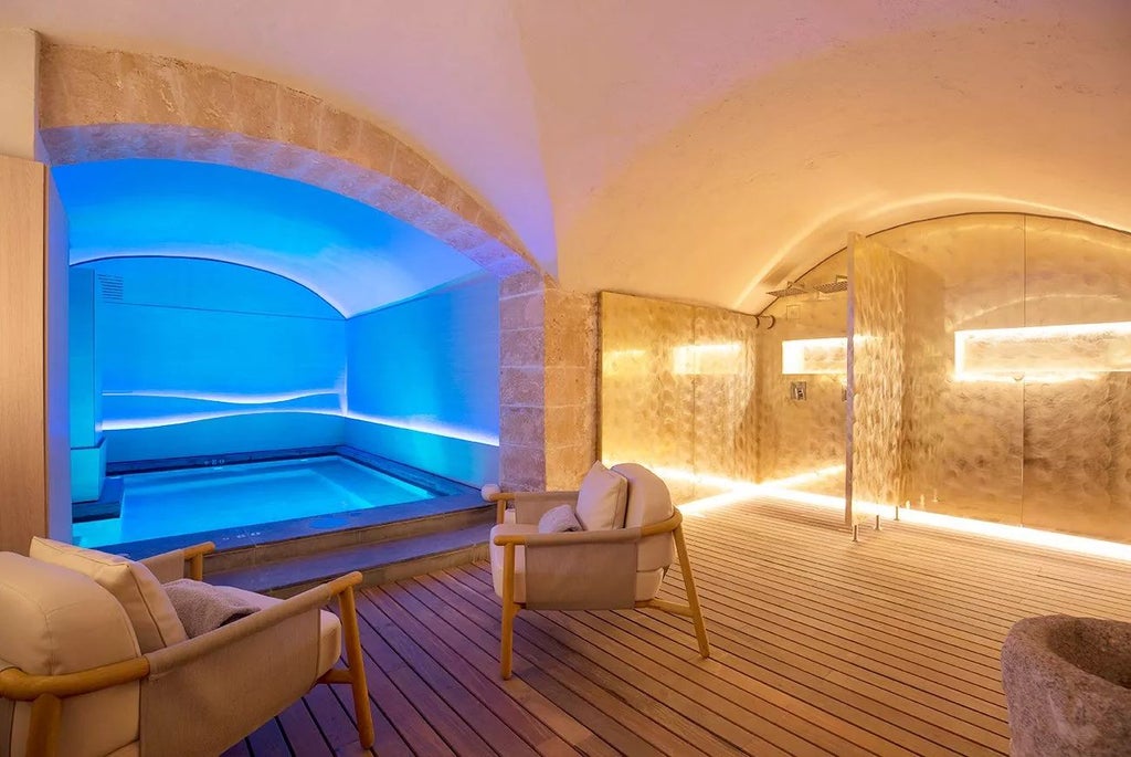 Elegant stone facade of historic Convent de la Missió hotel in Palma, Mallorca, featuring arched windows and warm Mediterranean sunlight