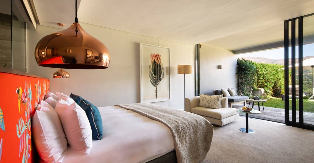 Luxurious king bedroom with elegant wine-inspired decor, plush bedding, and panoramic vineyard views in a sophisticated South African mountain retreat.