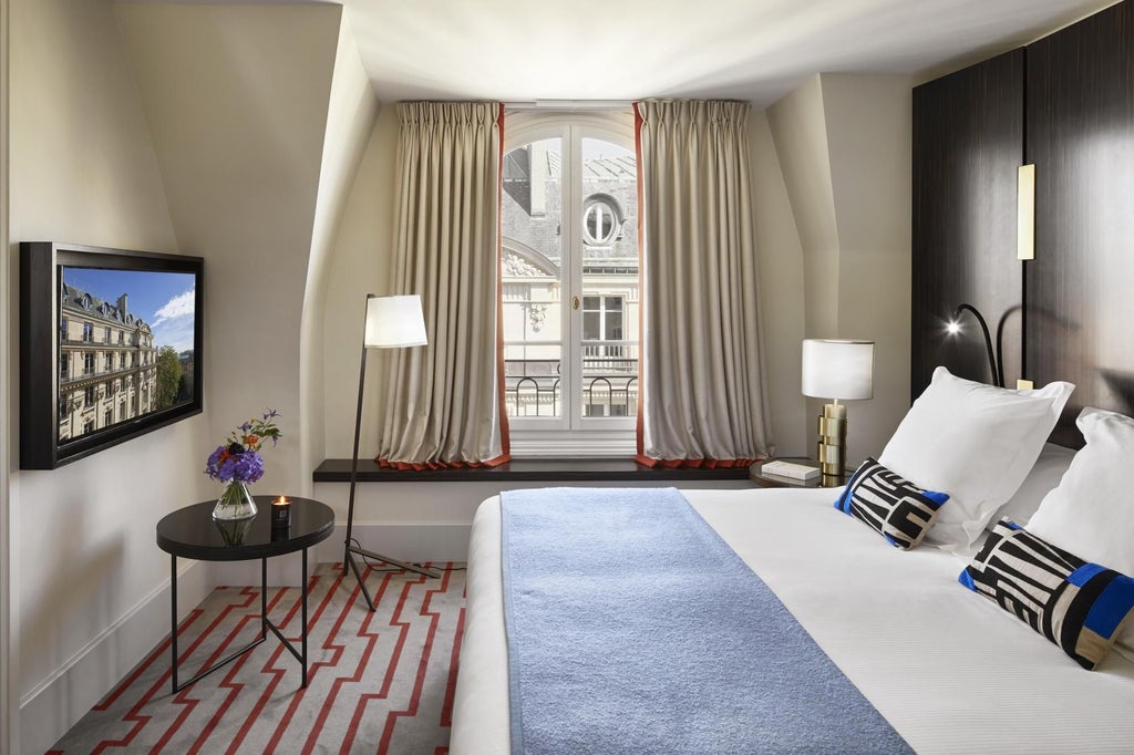 Elegant junior suite at Hotel Montalembert with plush white bedding, contemporary French design, and soft natural lighting in Paris.