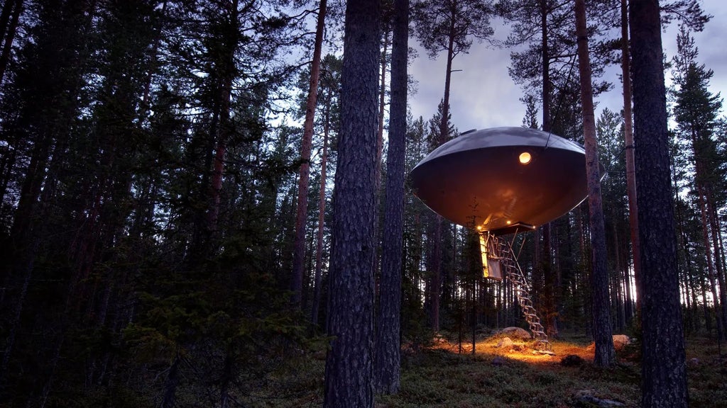 Mirrored glass treehouse suspended among pine forest, reflecting surrounding woodland with modern, architectural luxury design in Swedish landscape