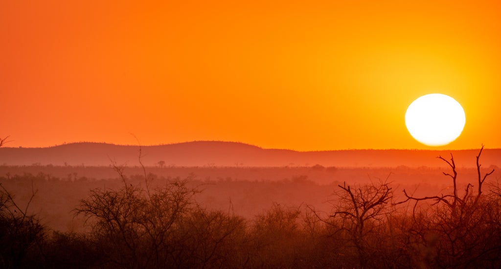 Expansive savanna at sunset in Greater Kruger, with acacia trees silhouetted against an orange sky and luxury safari lodge in foreground