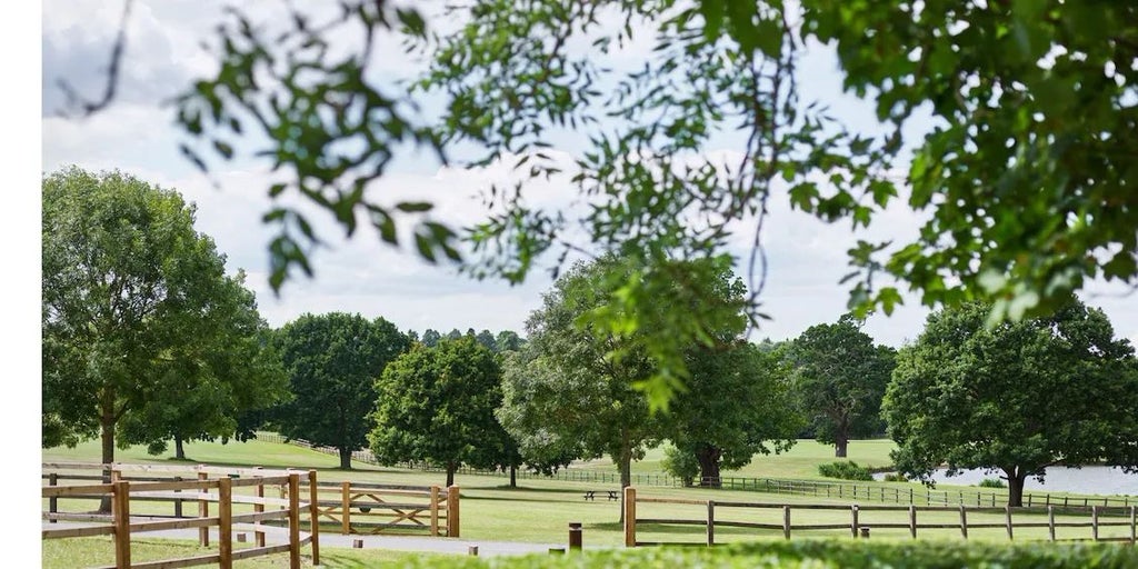 Elegant executive suite with plush cream furnishings, wooden floors, and large windows overlooking scenic countryside at Coworth Park luxury retreat