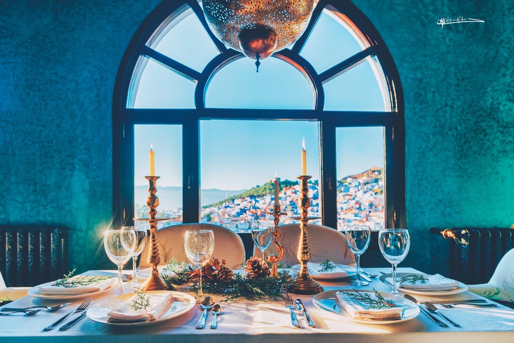 Elegant Moroccan riad with ornate archways and courtyard featuring traditional tilework, flowing fountain, and lush potted plants under blue sky