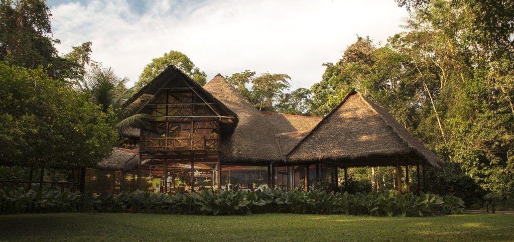 High-end eco-lodge with thatched-roof cabana nestled in lush Amazon rainforest, wooden walkways connecting elevated bungalows