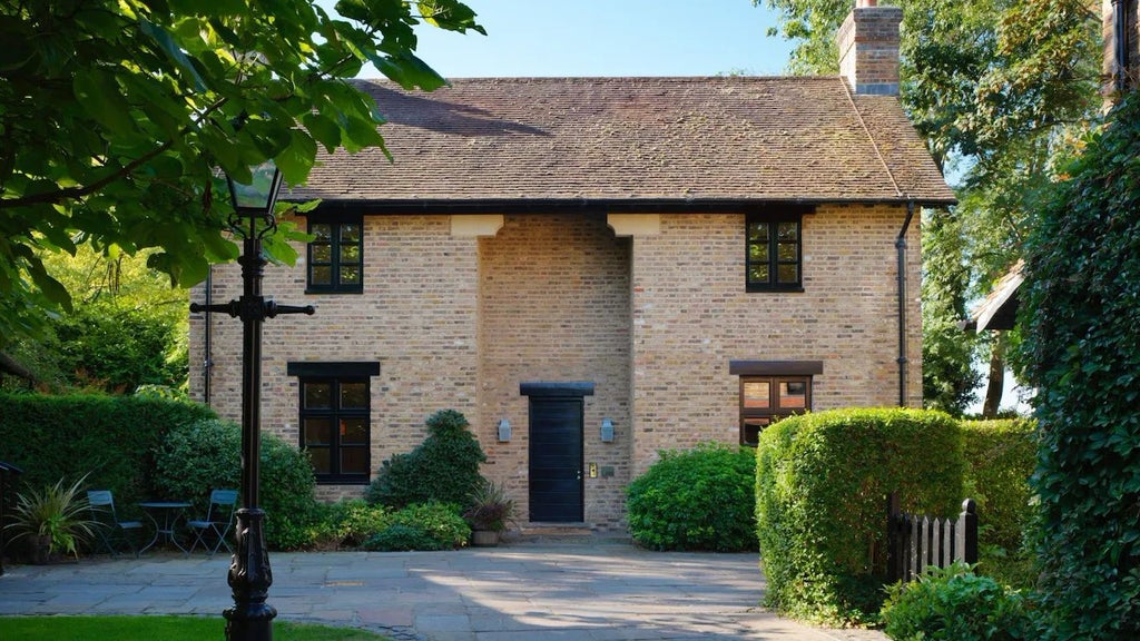 Elegant executive suite at luxury countryside hotel, featuring plush cream-colored furnishings, wooden floors, and expansive windows overlooking manicured gardens