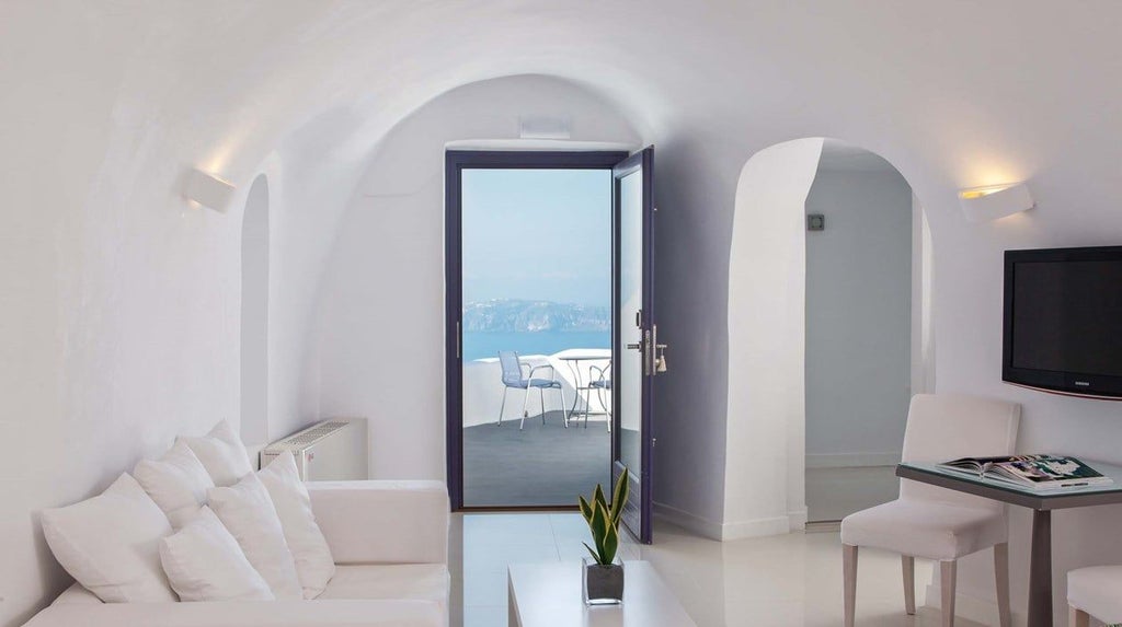 Luxurious infinity pool suite overlooking Aegean Sea, white-washed Santorini architecture, blue-domed design with pristine minimalist Mediterranean elegance