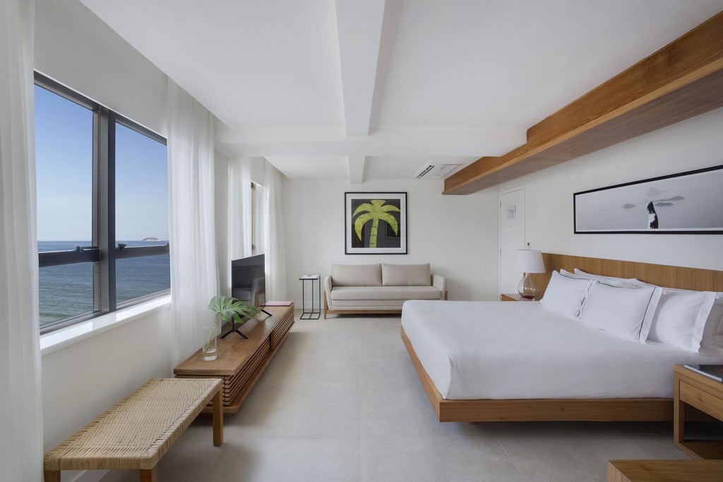 Spacious master suite at Janeiro Hotel with panoramic ocean view, elegant modern design, king-sized bed, and Brazilian coastal sophistication