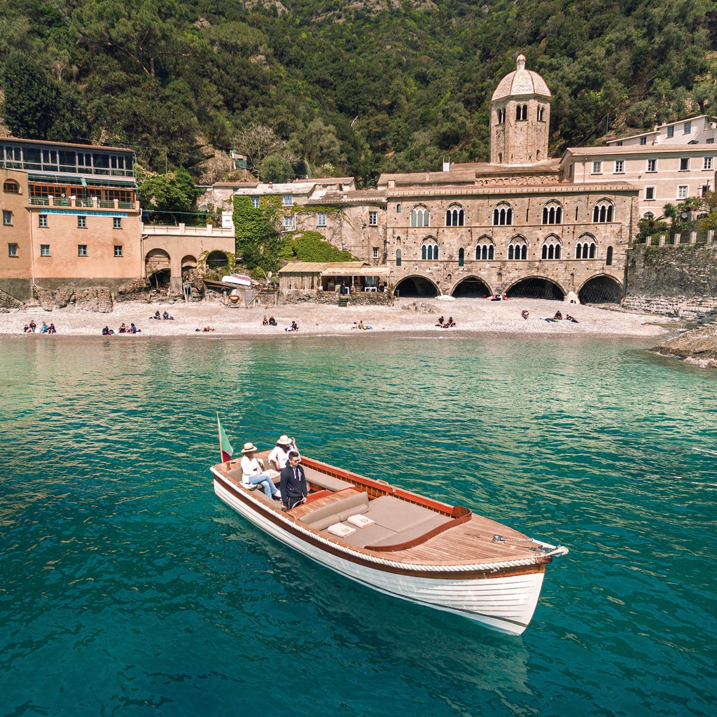 Small boats docked in Portofino's picturesque harbor, surrounded by colorful historic buildings and luxury villas along the Italian Riviera