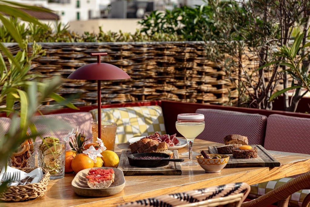Elegant white-washed Ibizan hotel facade with minimalist design, sun-drenched terrace, and Mediterranean architectural charm overlooking scenic landscape