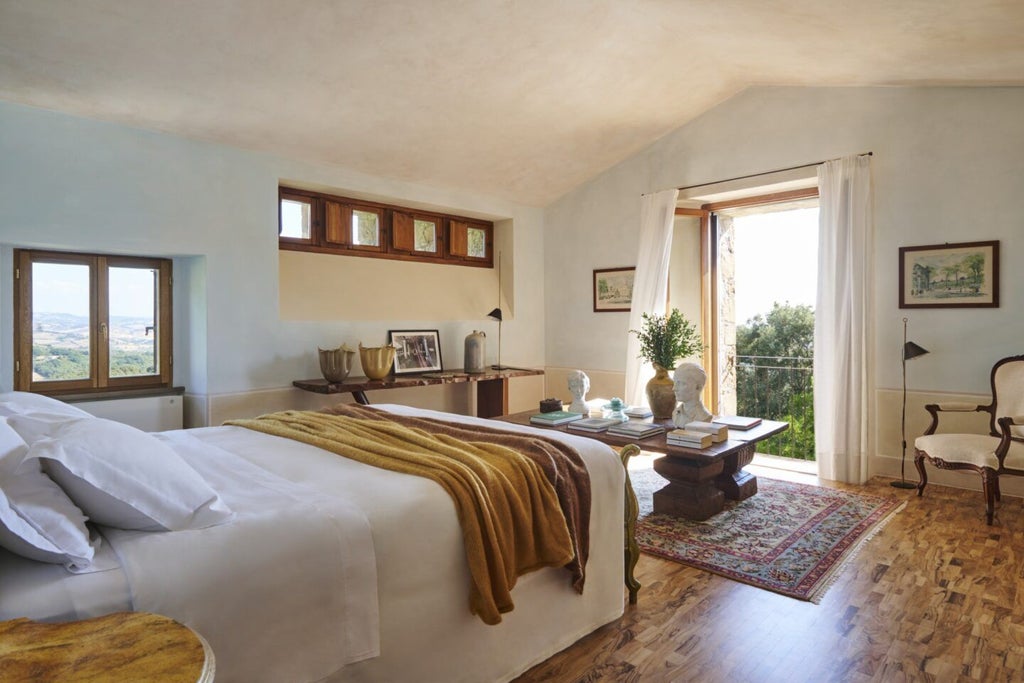 Rustic-chic luxury suite in Tuscan stone villa, featuring elegant wooden furnishings, soft neutral tones, and panoramic countryside views near Castello di Vicarello