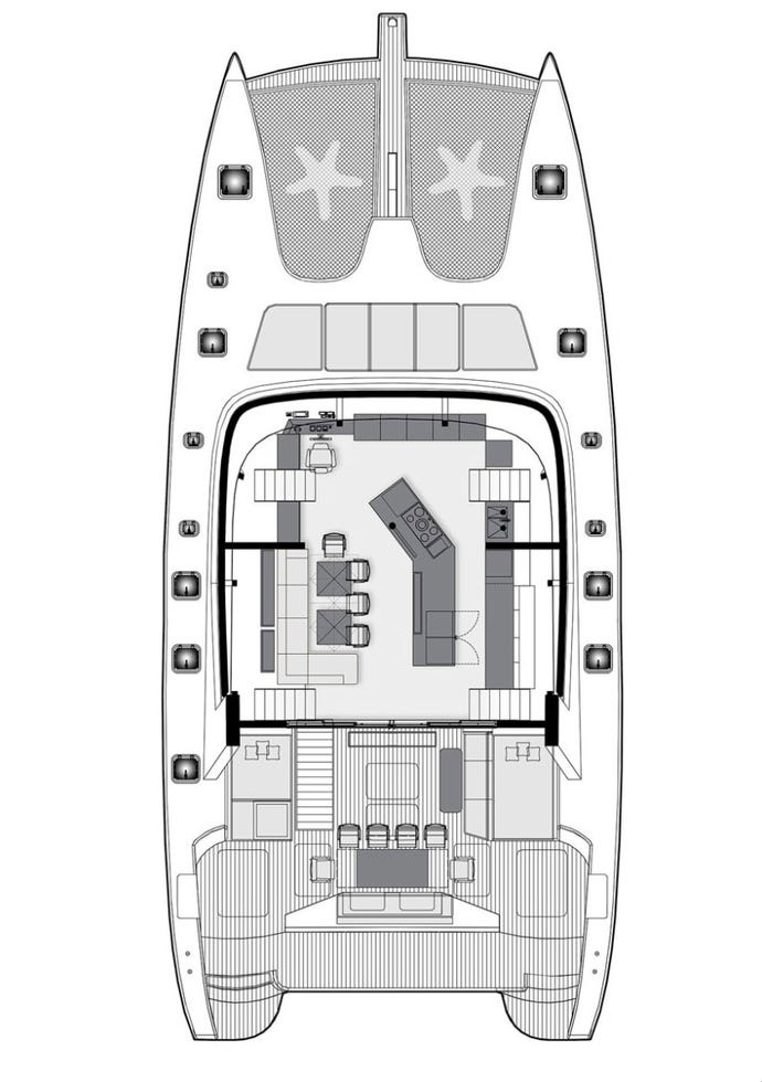 Communal Spaces: Kitchen, Lounge, Fly Bridge, Outdoor Lounge
