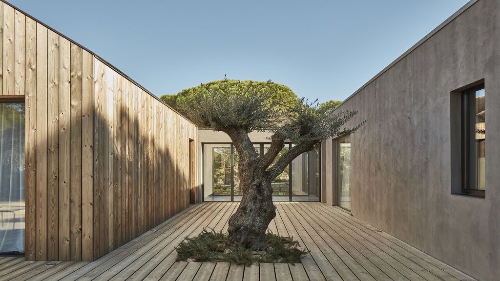 Luxurious boutique hotel nestled in Portuguese countryside, featuring minimalist design, natural wood tones, and expansive windows overlooking verdant landscape