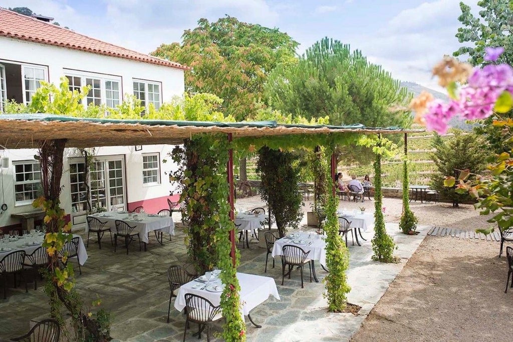 Elegant wine estate hotel overlooking Douro Valley vineyards, featuring stone architecture and panoramic terrace with infinity pool