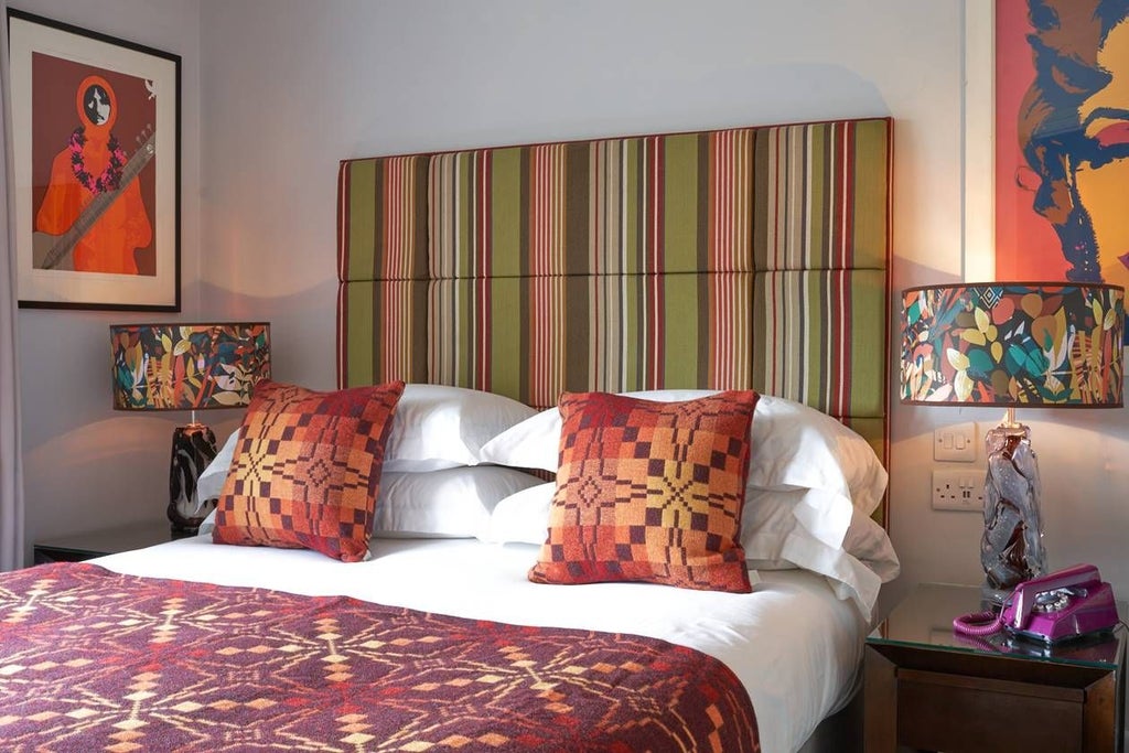 Elegant cozy double hotel room with plush bedding, warm wooden accents, and soft lighting, showcasing contemporary United Kingdom hospitality design