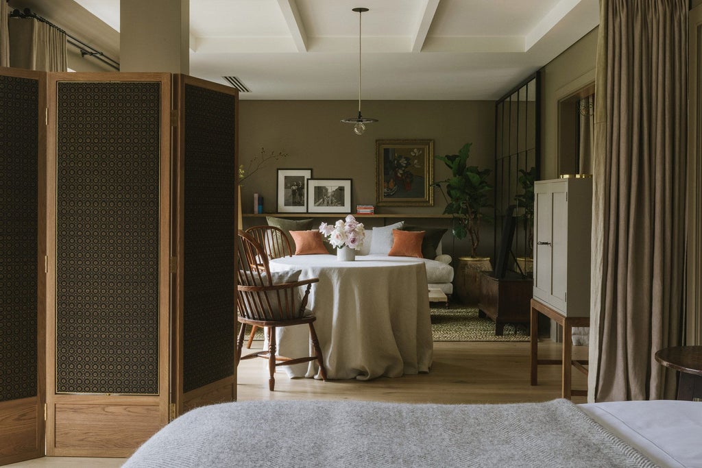 Elegant master bedroom at Heckfield Place, featuring soft neutral tones, plush bedding, expansive windows overlooking lush countryside in rural United Kingdom