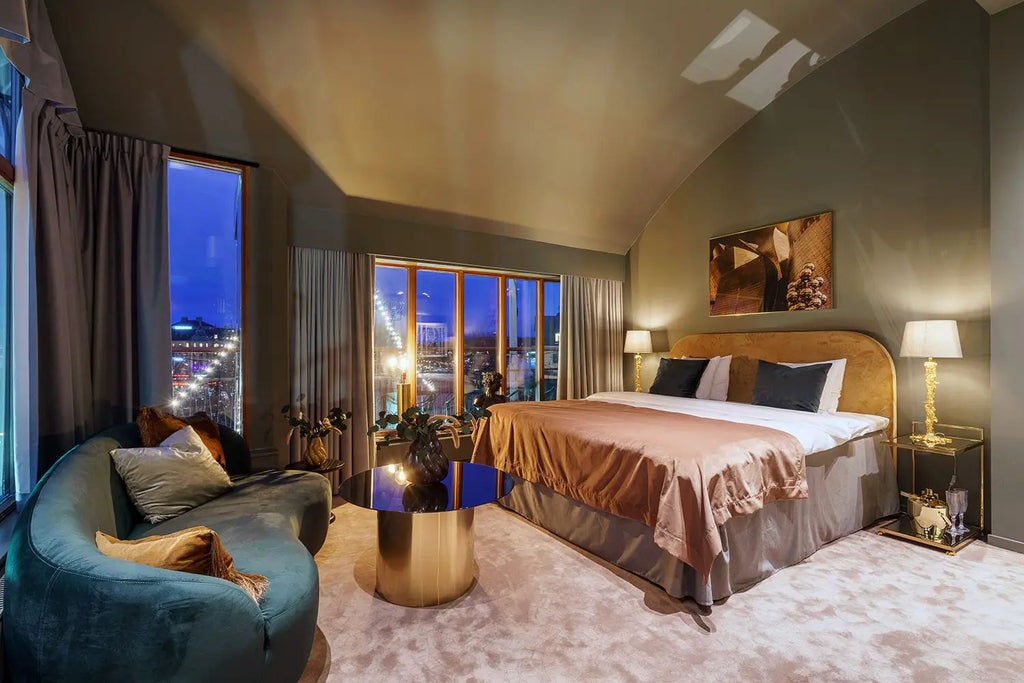 Elegant balcony suite at Berns Hotel overlooking Stockholm's cityscape, featuring plush white bedding, modern furnishings, and expansive floor-to-ceiling windows