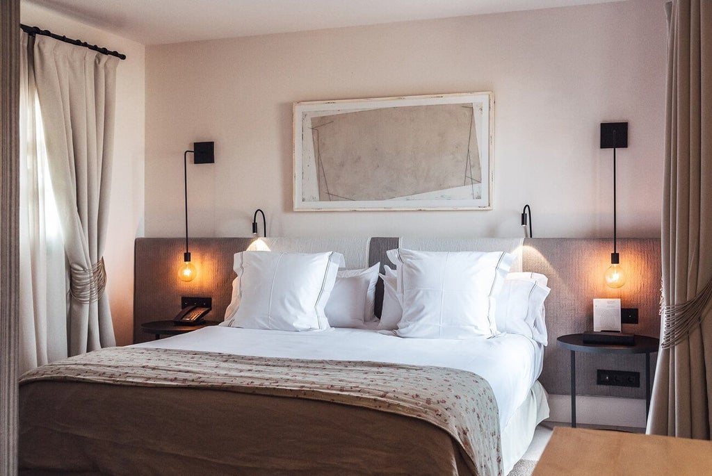 Elegant studio room at Sant Francesc Hotel Singular with minimalist design, warm wood tones, and large windows overlooking historic Spanish architecture.