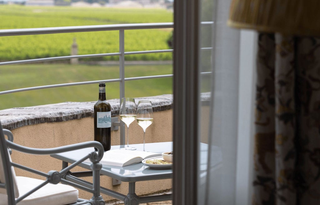 Luxurious French terrace room with elegant white furnishings, modern design, and panoramic vineyard views at a prestigious hotel in countryside scenset