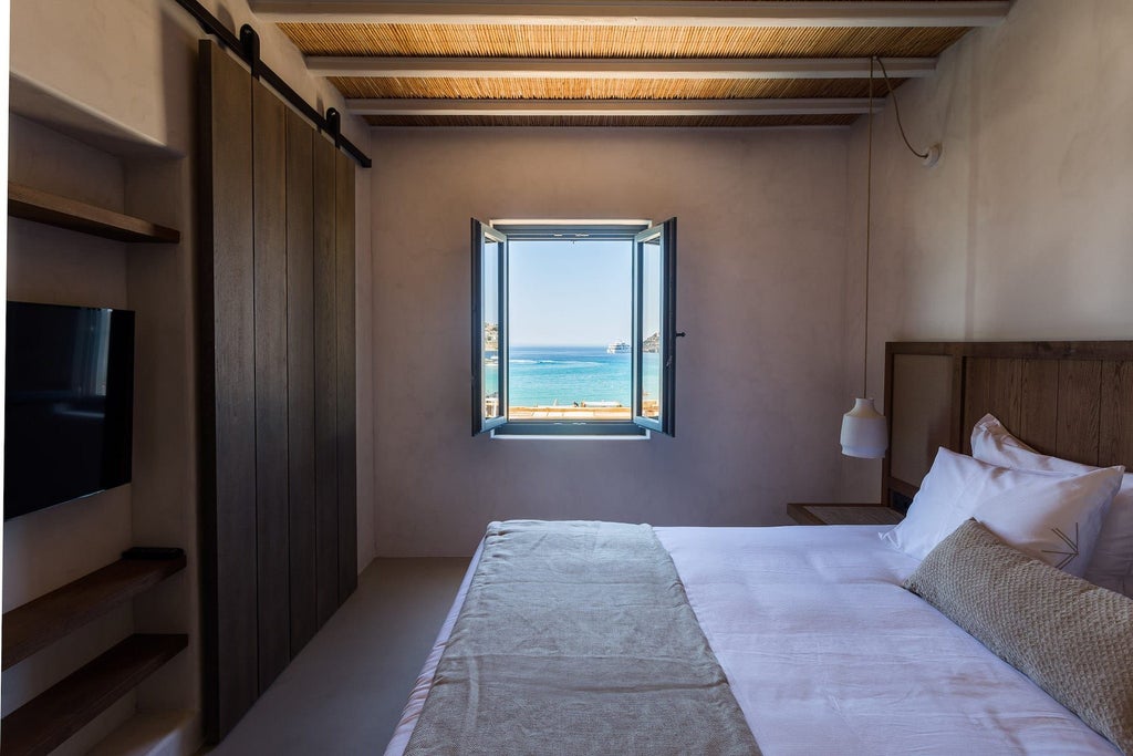 Luxurious white-themed superior sea view room at Branco Mykonos, featuring minimalist design, crisp linens, and breathtaking Aegean Sea vista