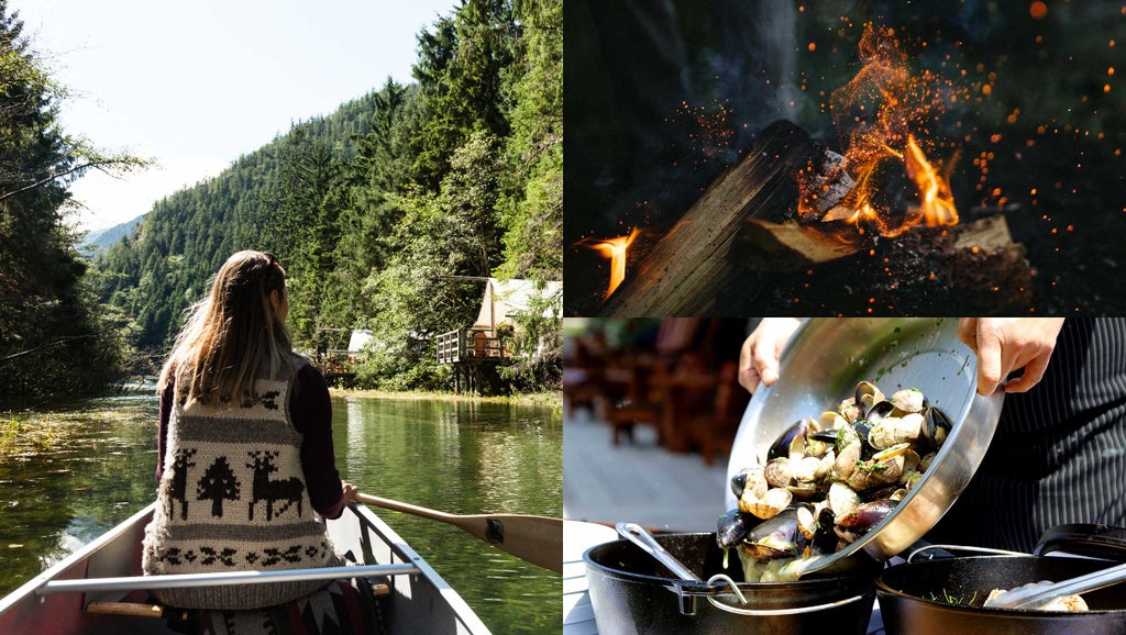 Luxurious safari-style tent nestled in Canadian wilderness with wooden deck, surrounded by towering evergreens and mountain views