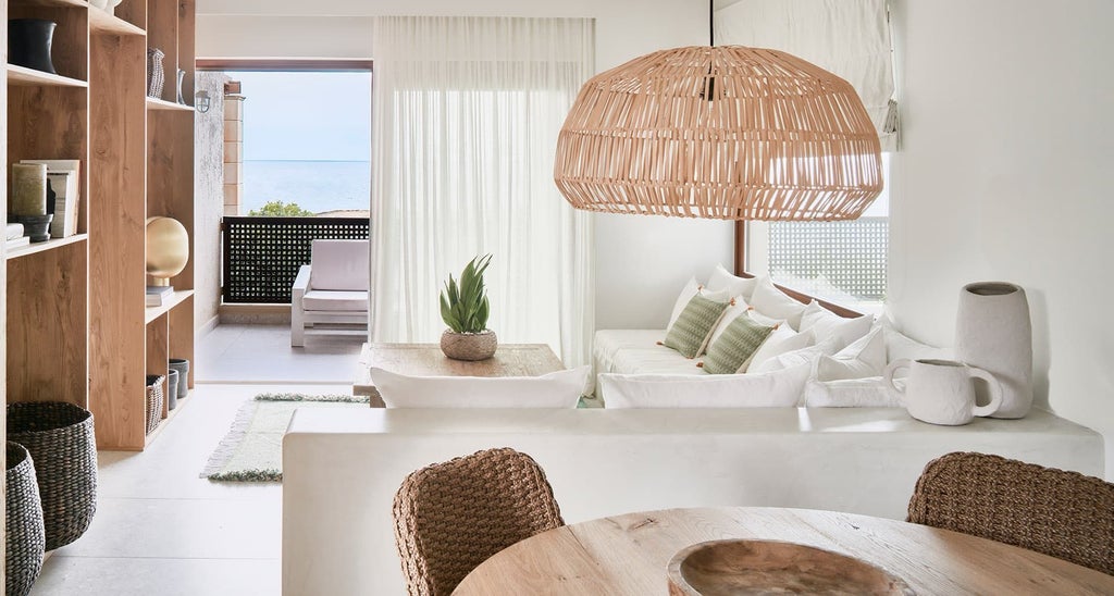 Luxurious Deluxe Suite at Phāea Cretan Malia, featuring elegant white decor, plush king bed, and panoramic view of Grecian coastline and azure waters