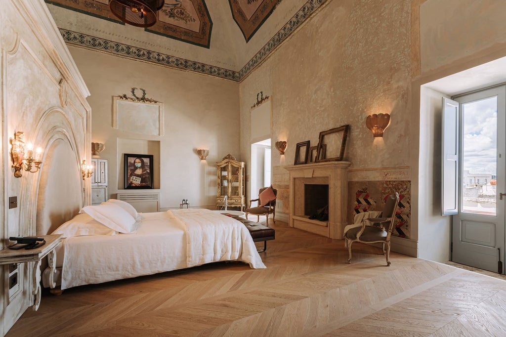 Elegant Paragon Suite with ornate marble bathroom, antique furnishings, soft neutral tones, and panoramic windows overlooking historic Italian architectural landscape