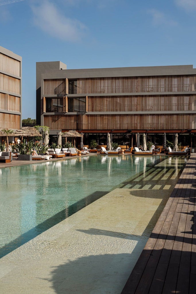 Luxurious white-washed hotel terrace overlooking turquoise Mediterranean waters, minimalist design with clean lines and elegant sunset-lit infinity pool