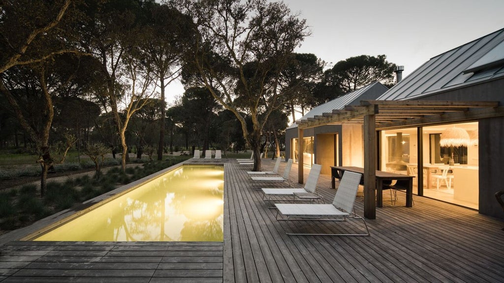 Minimalist luxury eco-resort nestled in sandy dunes, with white-washed architecture, wooden decks, and lush vegetation near coastal Portugal landscape