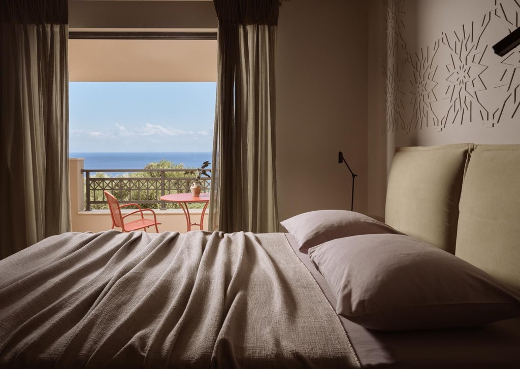 Luxurious white-washed Greek villa bedroom with panoramic sea view, elegant four-poster bed, and traditional Cycladic architectural details at sunset