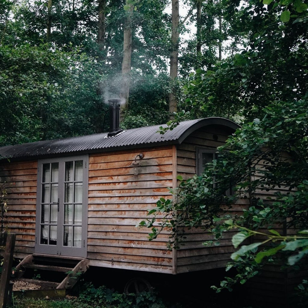 Luxurious contemporary hotel nestled in scenic British countryside, featuring modern glass architecture blending seamlessly with natural woodland surroundings